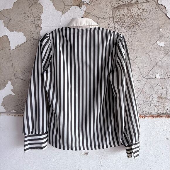 Vtg 70s Puff Sleeve Blouse Striped Button Up Shirt Womens M French Girl Classic - Picture 6 of 7